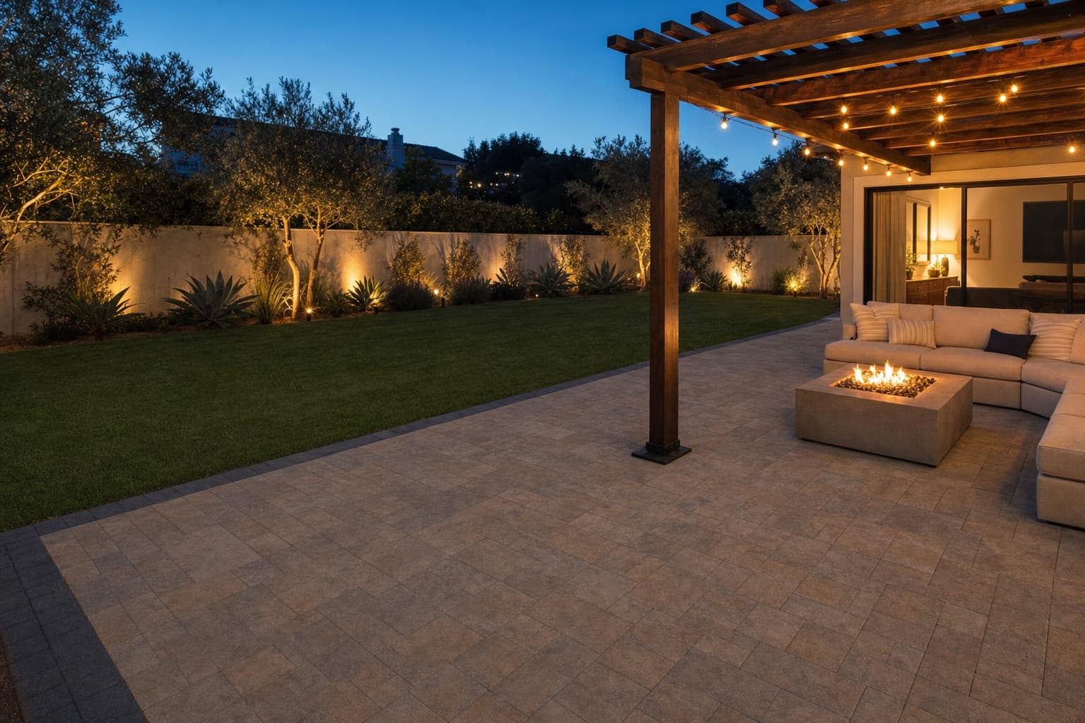 A finished Complete Outdoor Living backyard at dusk: a paver patio meeting a turf lawn, with a pergola, fire feature, and uplit drought-tolerant planting in San Diego.