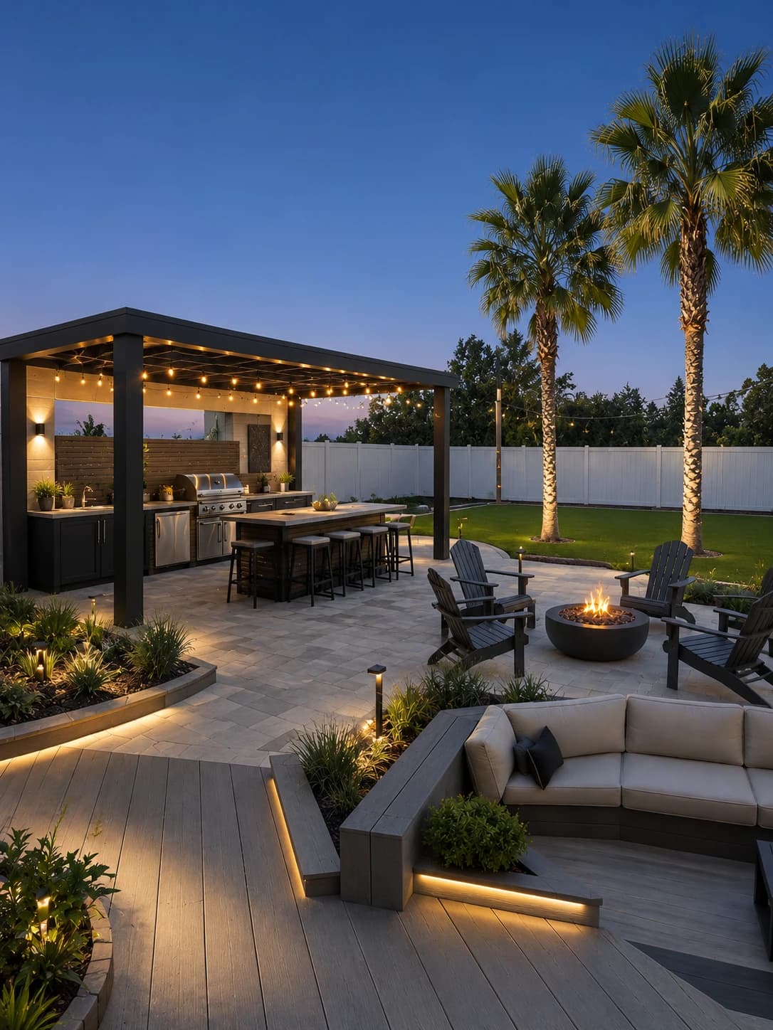 A San Diego backyard designed as an outdoor room: covered kitchen, fire pit and sunken lounge at dusk. Illustrative.